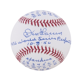Don Larsen Signed and Heavily Inscribed OML Baseball with Full Perfect Game Box Score (JSA)